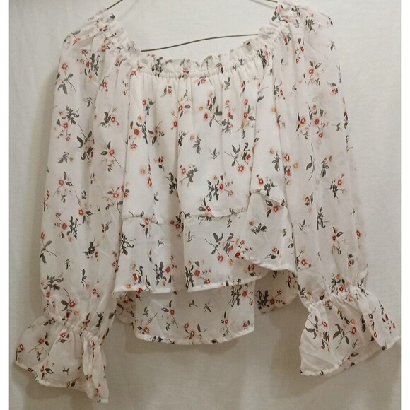 Guess White Pink Floral Sheer Long Sleeve Off Shoulder Crop Boho Size Small LNC - Picture 2 of 6